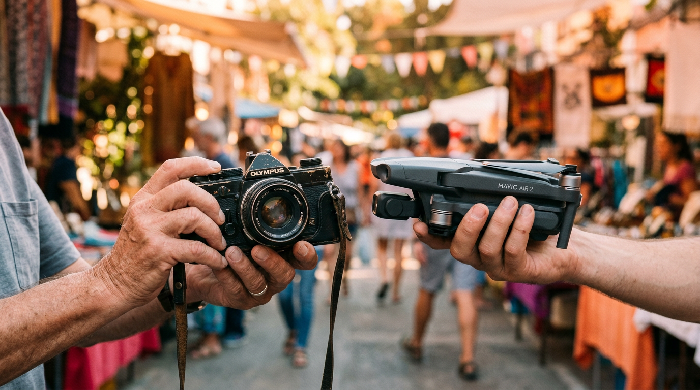 Two hands exchanging a vintage camera for a drone, symbolizing a successful trade.
