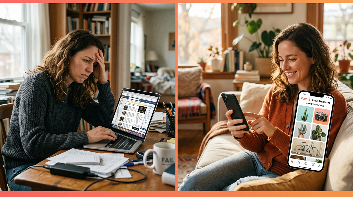 A comparison showing the frustration of old trading methods versus the ease of using the Flipuz app.