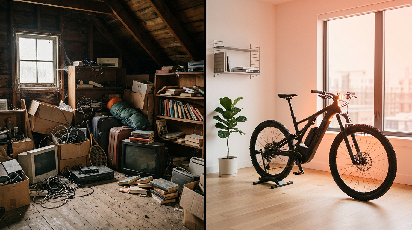 A before-and-after visual showing clutter being traded up for a single valuable item.