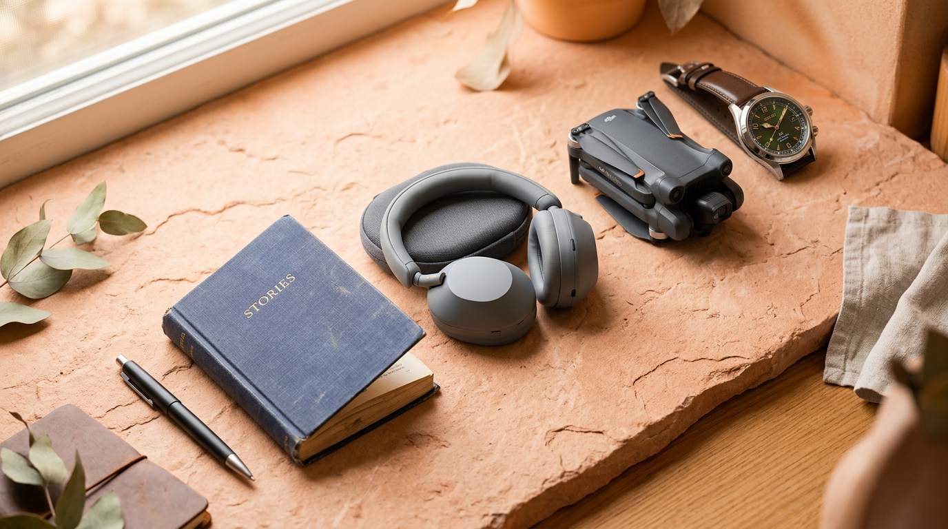 A flat lay of items representing a trade-up journey, from a pen up to a watch.