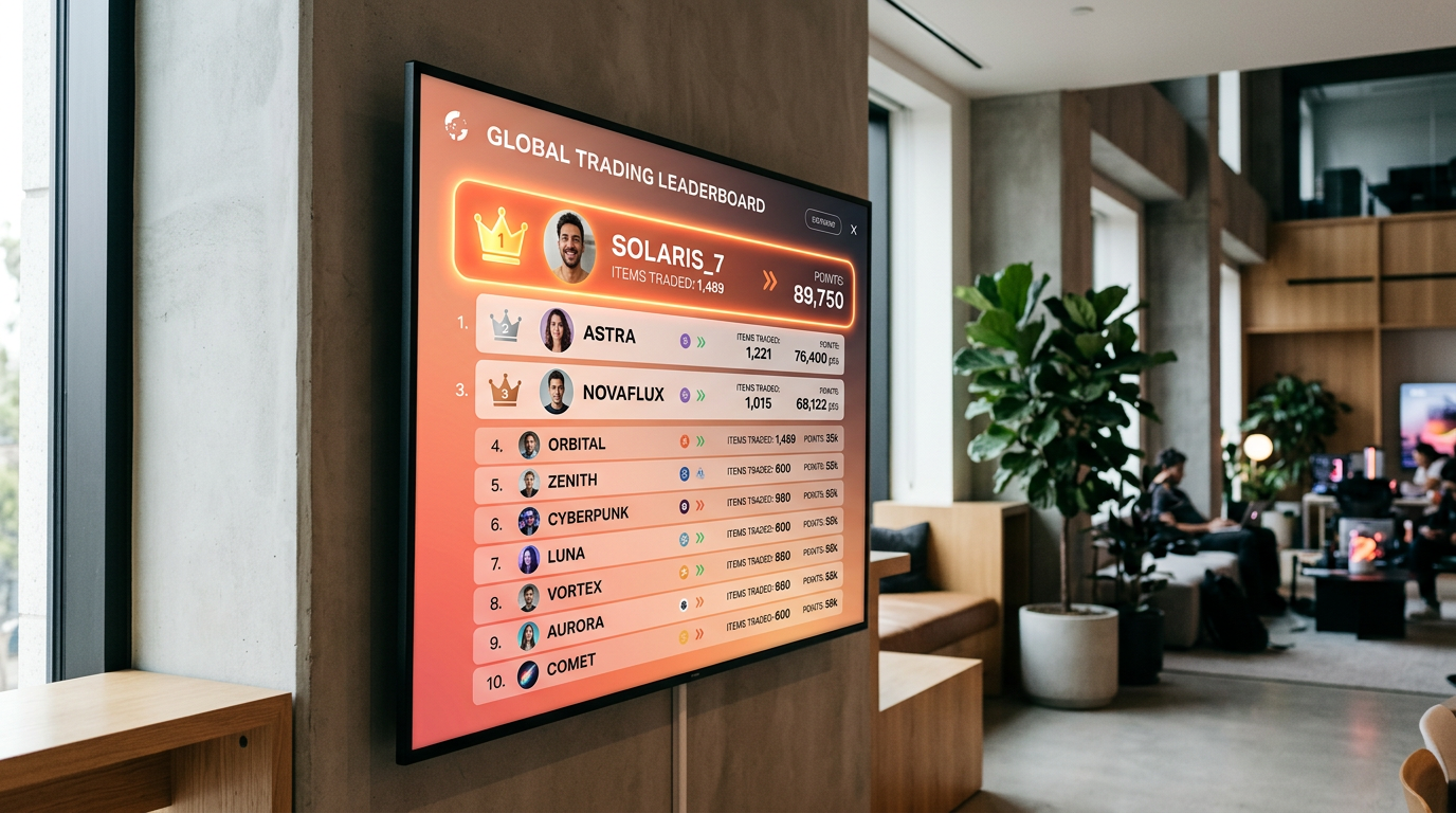 A digital trade up leaderboard displaying the top traders and their recent swaps.