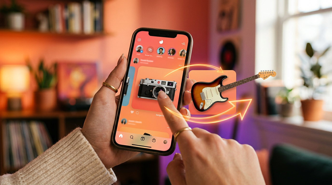 A smartphone displaying the Flipuz item trading app interface, showing a user successfully trading up from a camera to a guitar.