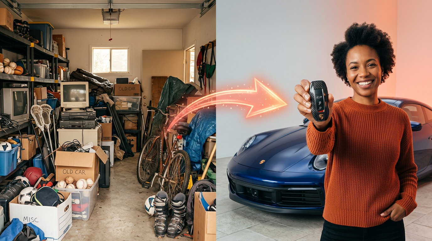 A before-and-after image showing a cluttered garage being traded up for a dream car using a trade-up app.