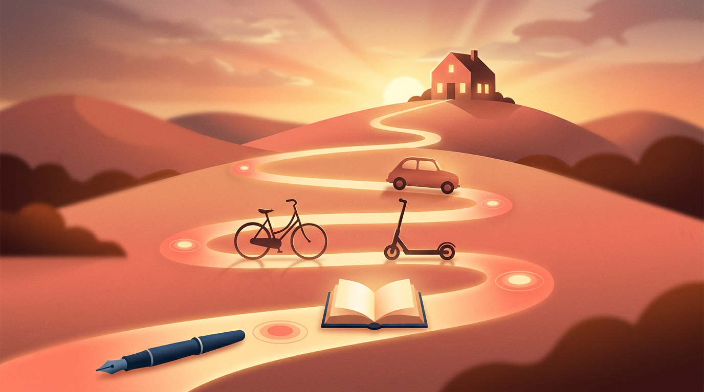 An illustration of a trade-up journey, showing a path of items from small to large, symbolizing the goal-oriented nature of a gamified marketplace.