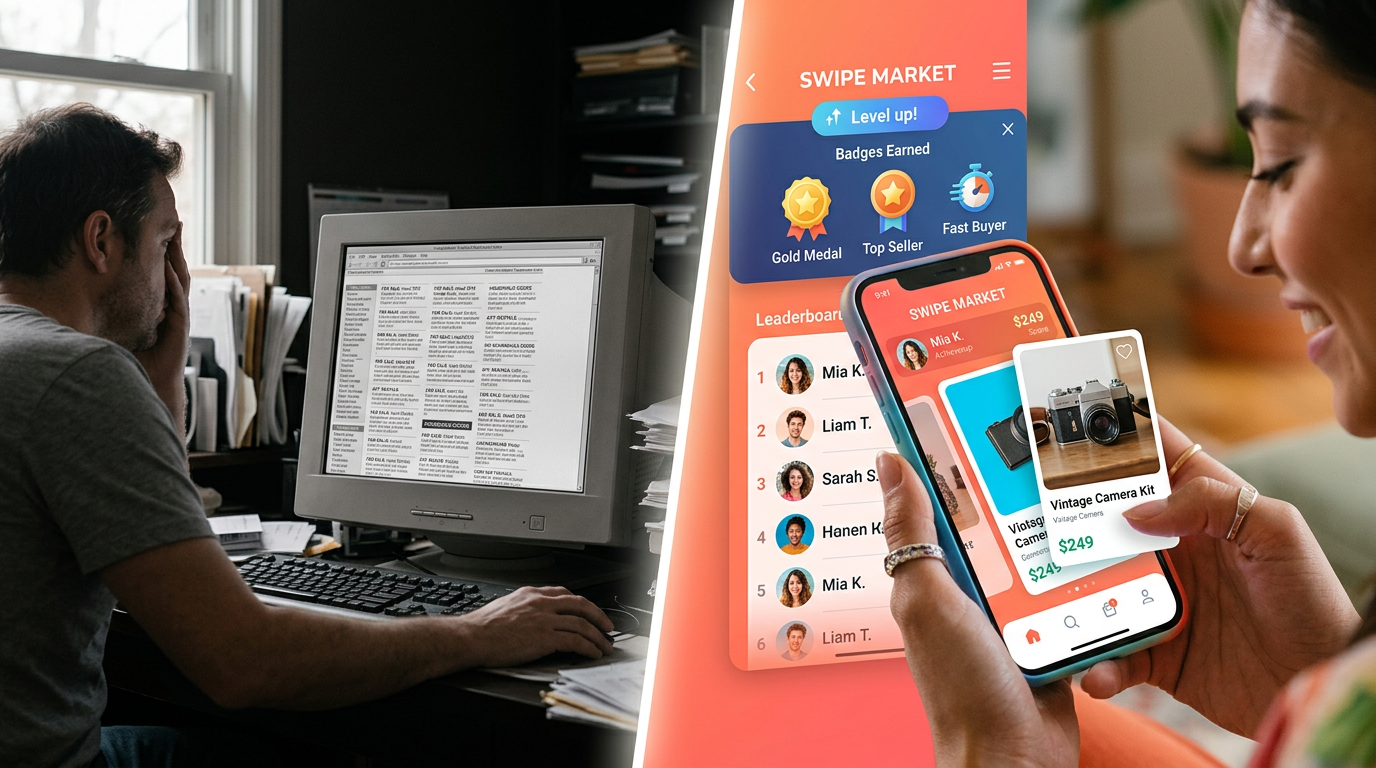 A visual comparison of a boring, traditional online marketplace versus a modern, engaging gamified trading app.