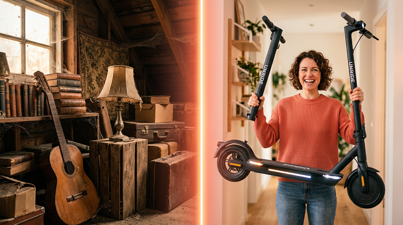 A before-and-after image showing cluttered items being traded up for a valuable electric scooter.