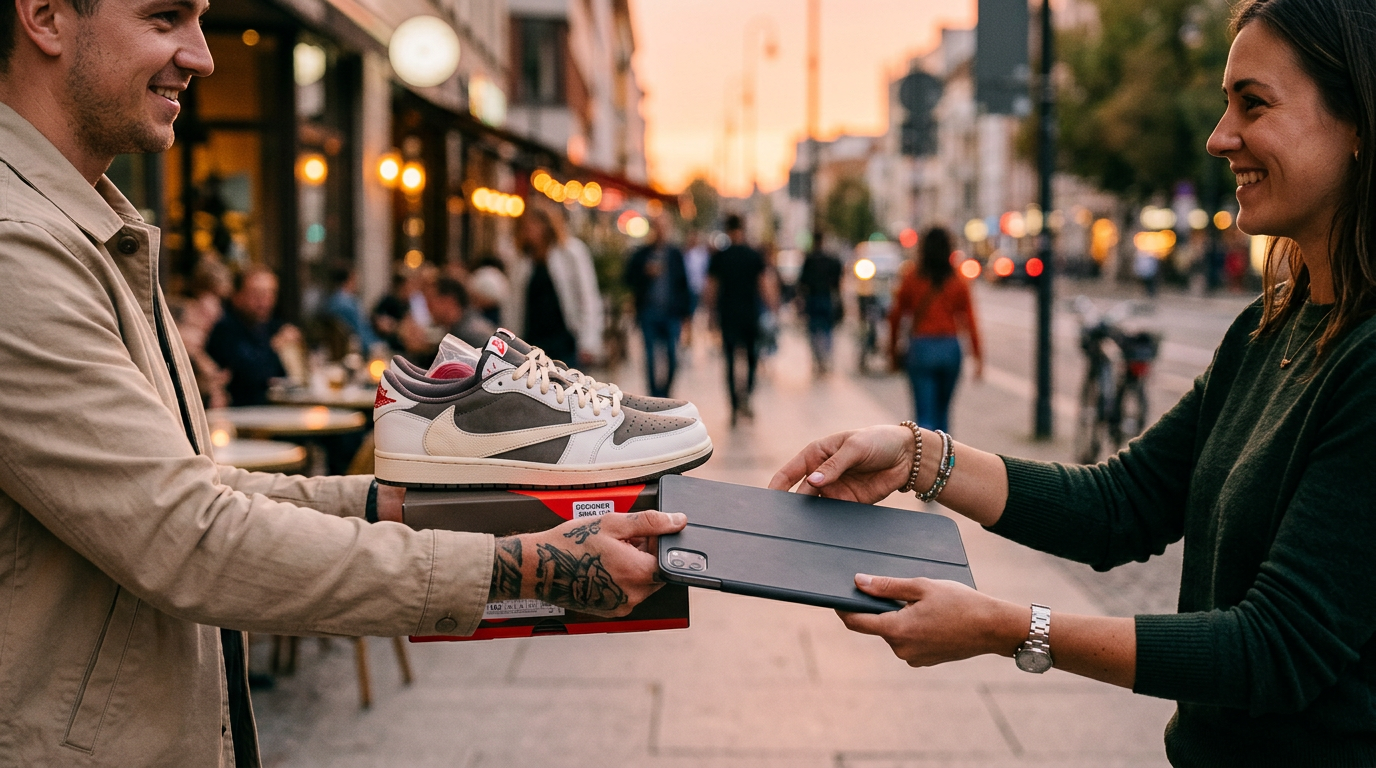 Two people completing a trade by swapping sneakers for a tablet using an item trading app.
