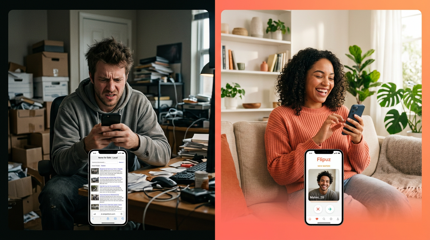 A comparison showing the frustrating process of old trading websites versus the fun, gamified experience of the Flipuz app.