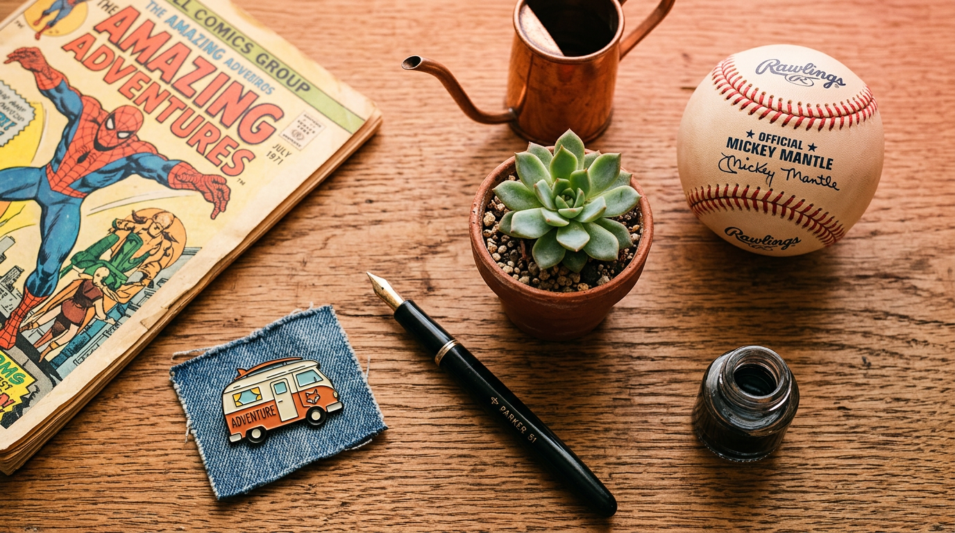 A collection of interesting starter items for a trade-up challenge, including a comic book, pin, and pen.