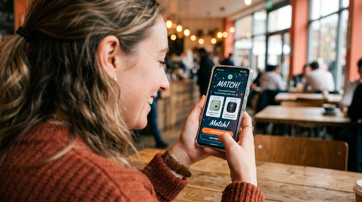 A user gets a successful trade match on the Flipuz trading app.
