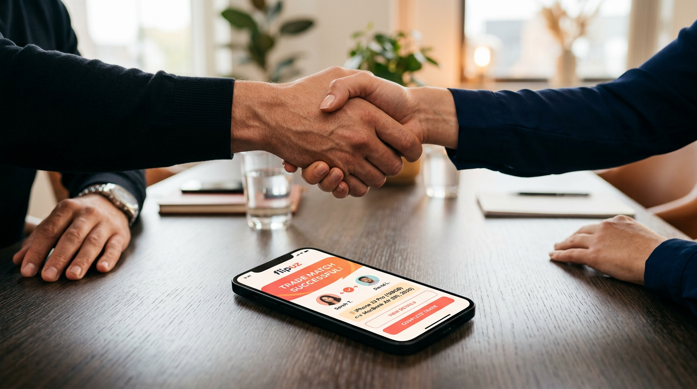 Two people completing a trade using the Flipuz online trading app, symbolizing the modern way to barter.