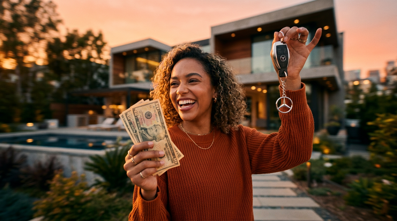 A symbolic image representing the $10 trade up challenge, showing a hand with a ten-dollar bill and another holding a car key.