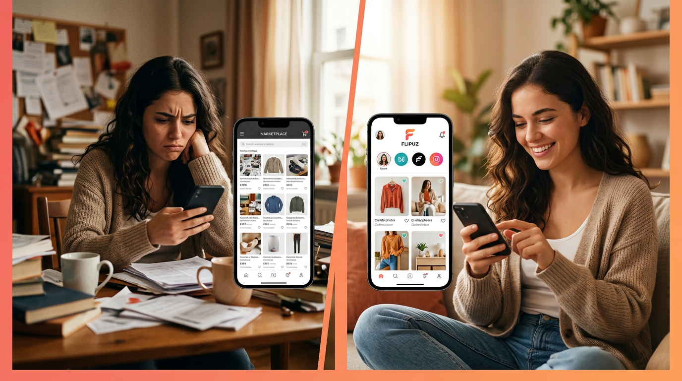 A comparison showing the frustrating experience of old marketplaces versus the easy and fun Flipuz trading app.