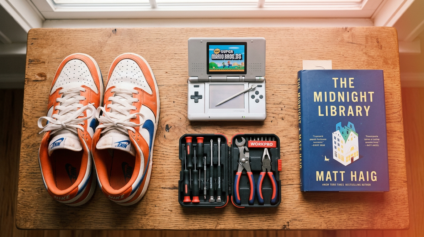 An array of good starter items for the $50 trade up challenge, including sneakers and electronics.