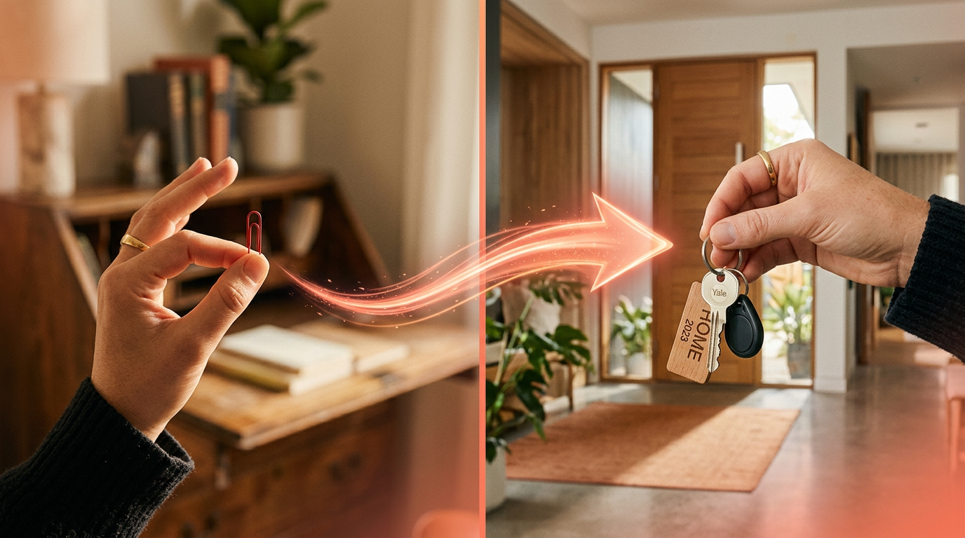 A visual representation of the trade up challenge, showing a red paperclip being traded up for house keys.