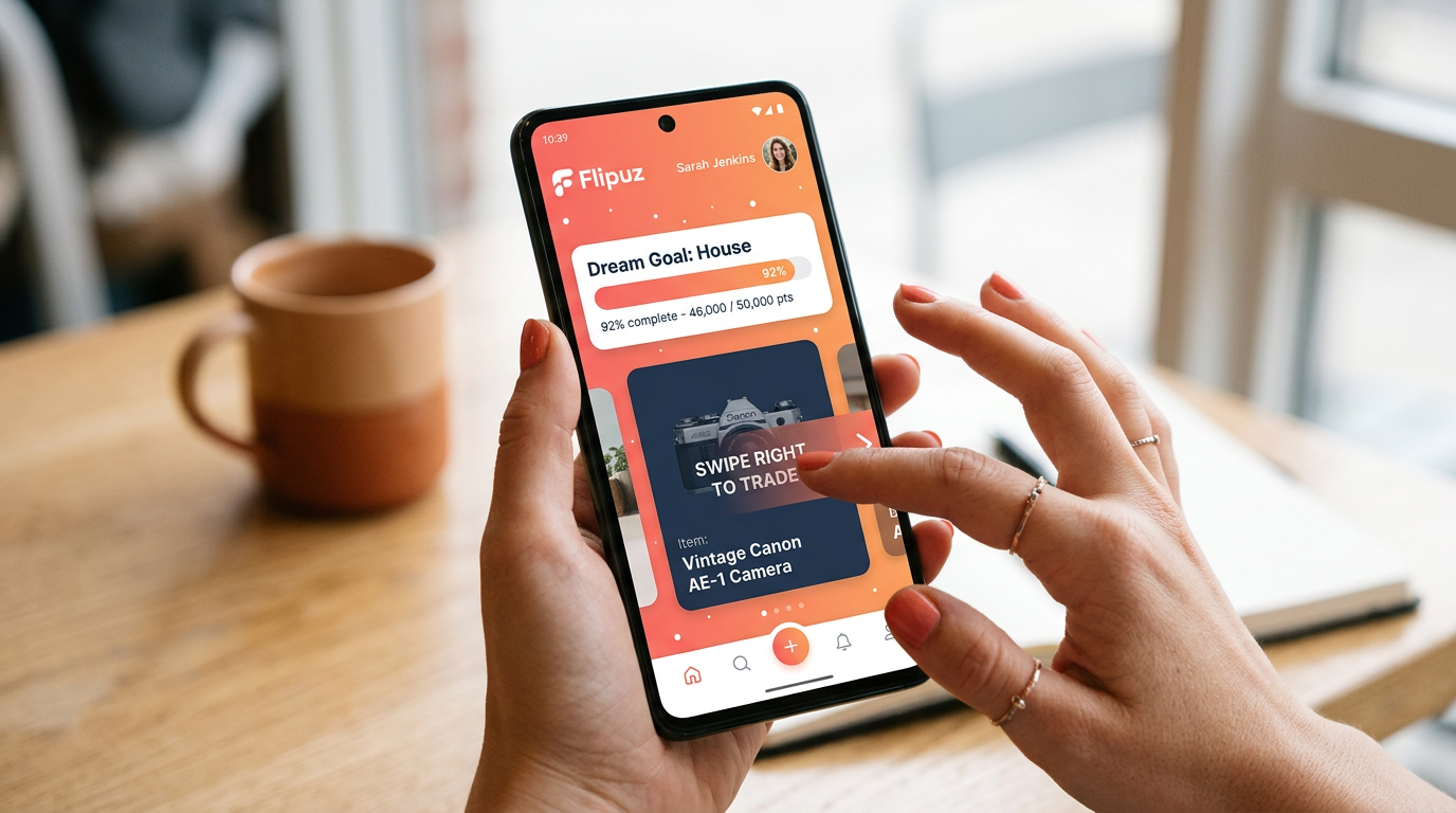 A smartphone showing the Flipuz app interface with a user's dream goal of a house nearly complete.