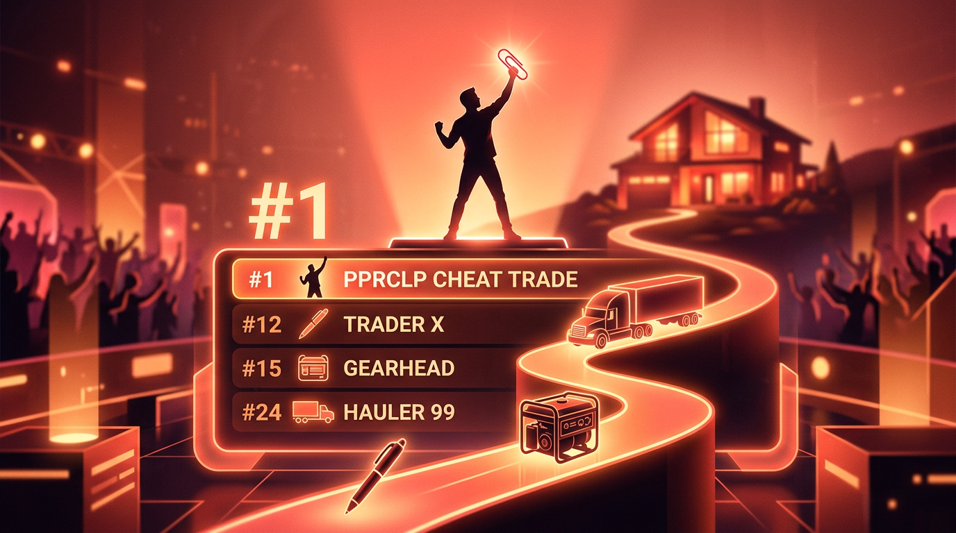 A graphic representing the trade up challenge leaderboard, showing a path of items from a paperclip up to a house.