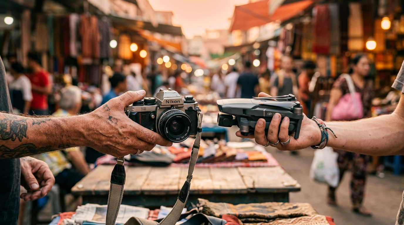 Two hands exchanging a vintage camera for a drone, symbolizing a smart trade-up move.