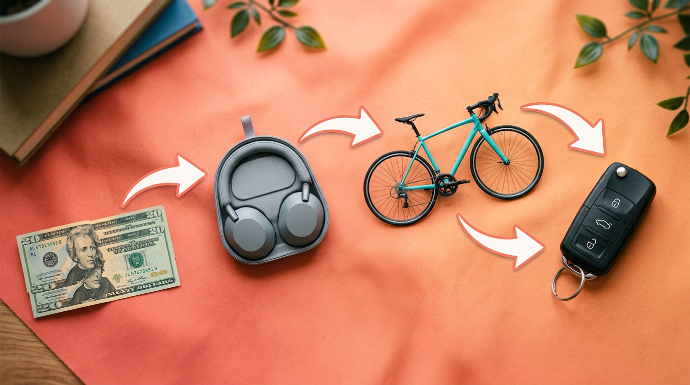 A visual representation of the $20 trade up challenge, showing items of increasing value from a twenty-dollar bill to a car key.