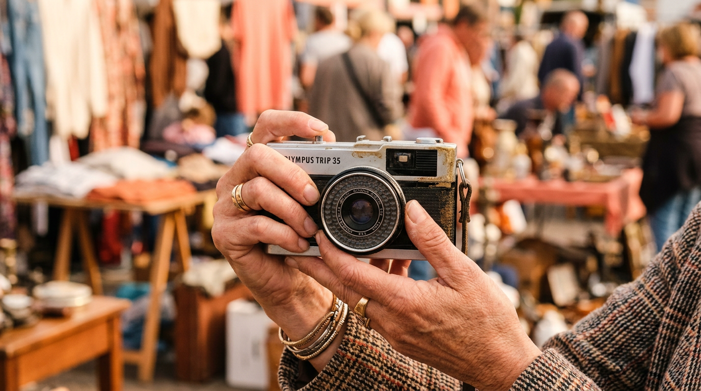 A person holding a desirable vintage camera, an example of a great starter item for a trade-up.