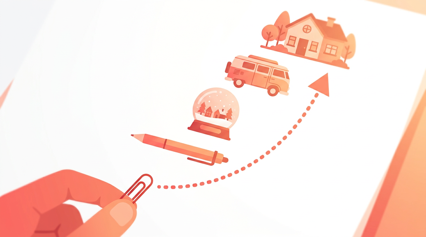 An illustration showing the progression of a trade-up challenge, starting with a red paperclip and ending with a house.