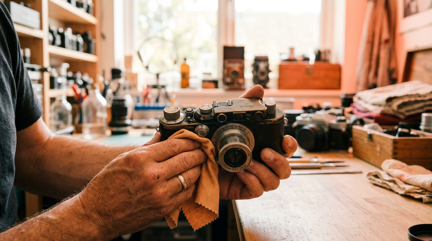 A person cleaning a vintage camera they received in a trade, increasing its value through sweat equity.