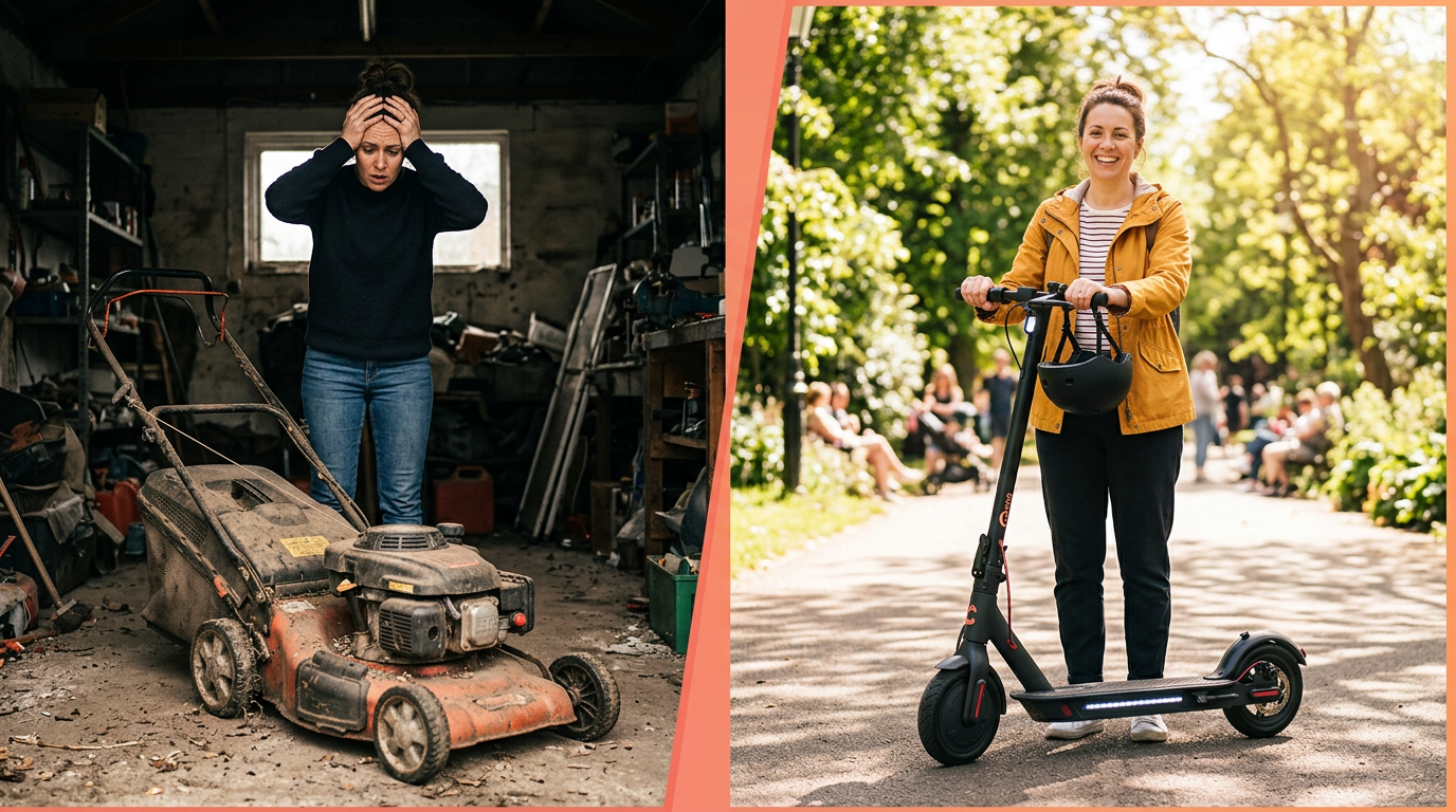A before-and-after graphic showing a trade from a broken item to a desirable electric scooter.