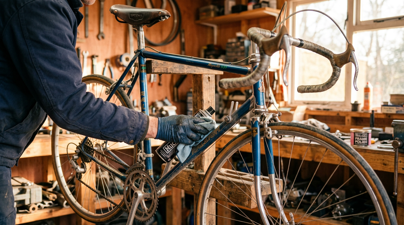 A person carefully cleaning a vintage bicycle, increasing its value before a trade.