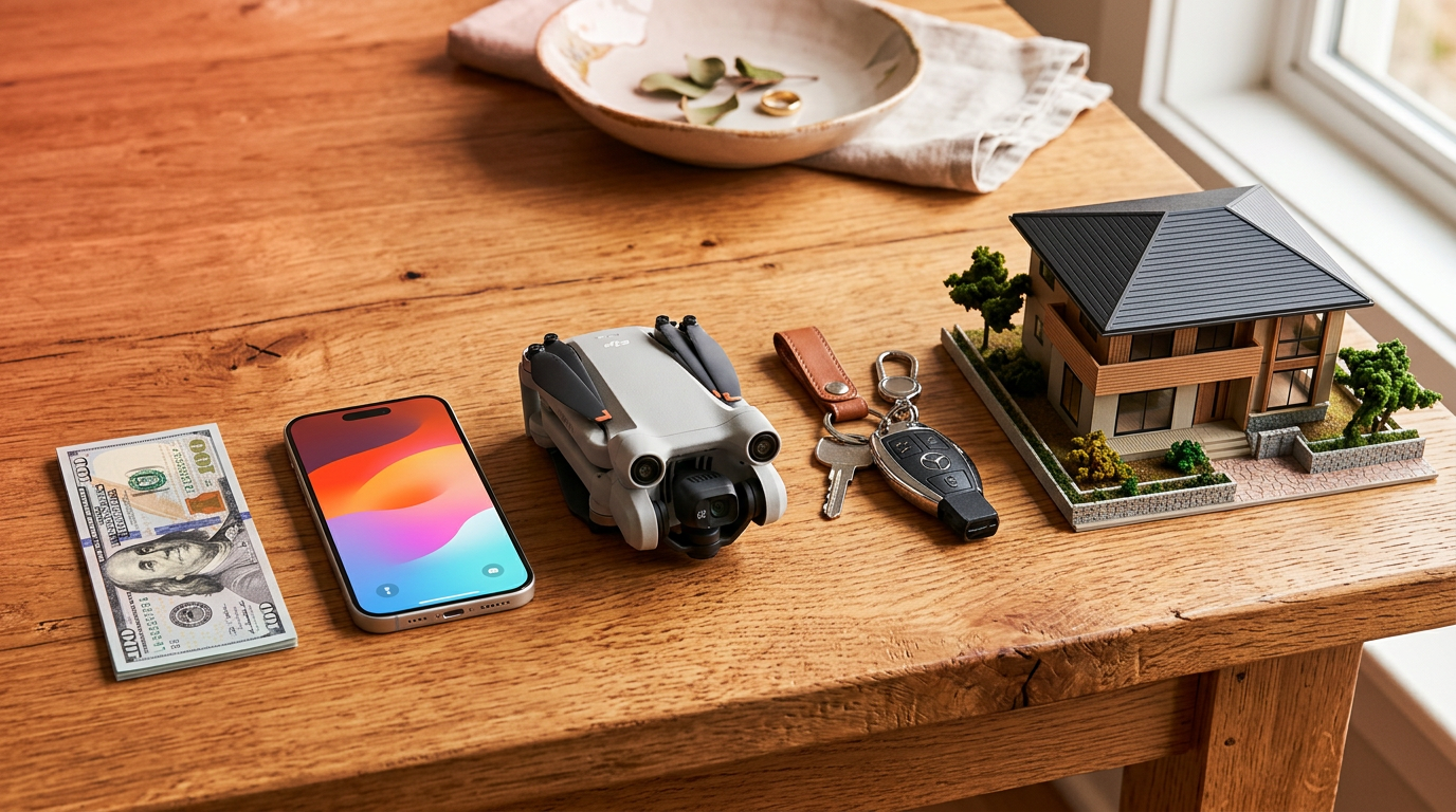 A progression of items from a one hundred dollar bill to a model house, representing the $100 trade up challenge.