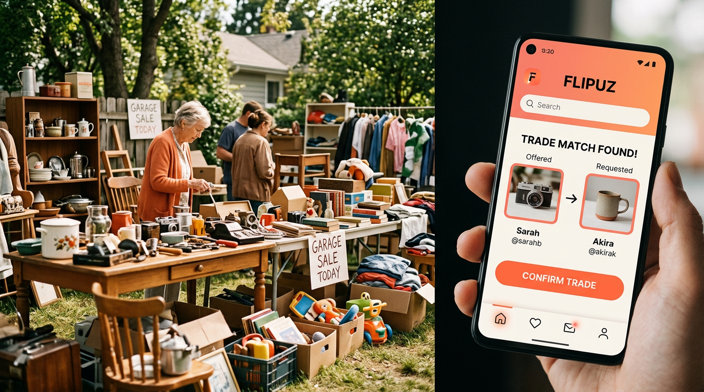 A comparison showing a messy garage sale versus the clean, efficient trading experience on the Flipuz app.