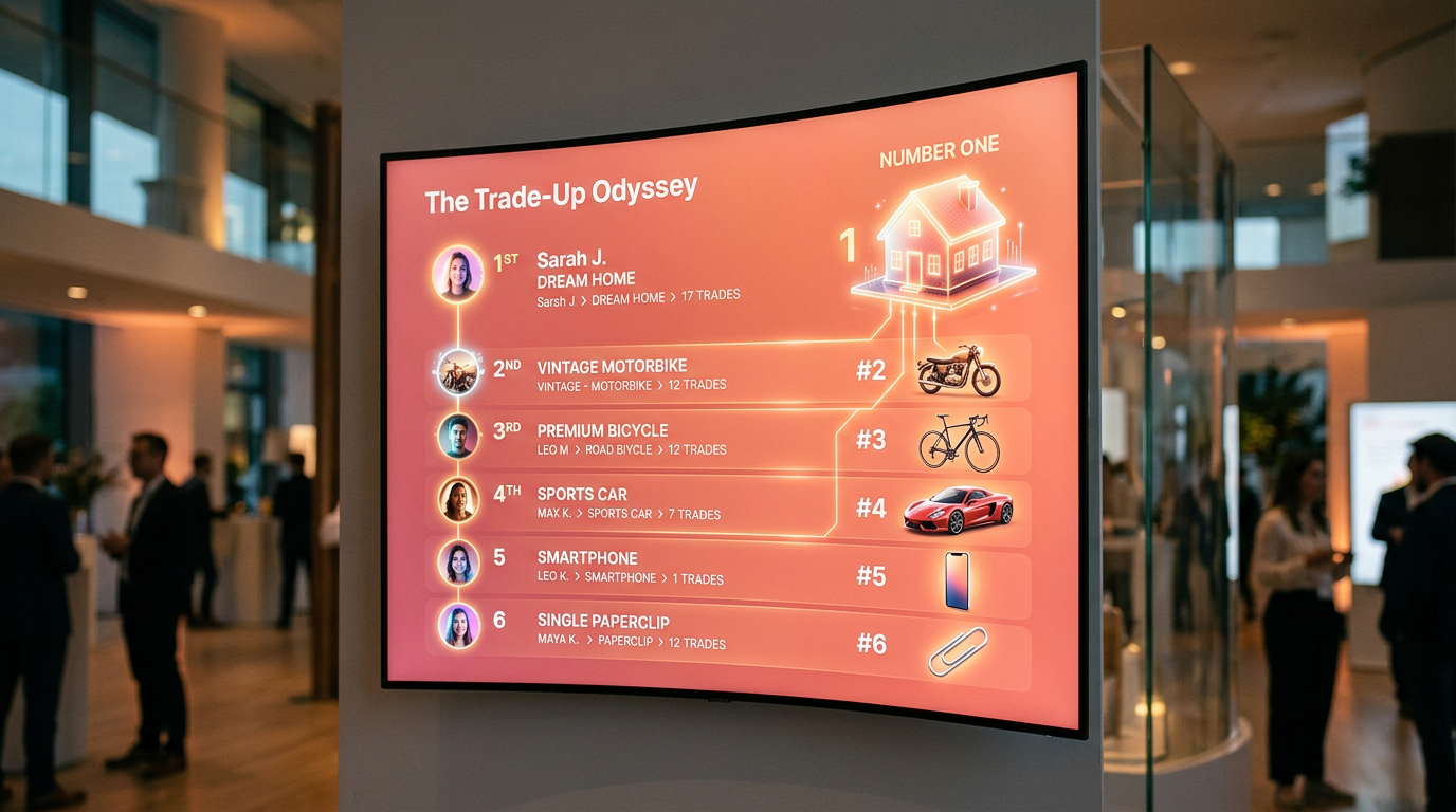 A digital barter leaderboard showing users trading items up from a paperclip to a house, representing the trade-up challenge.