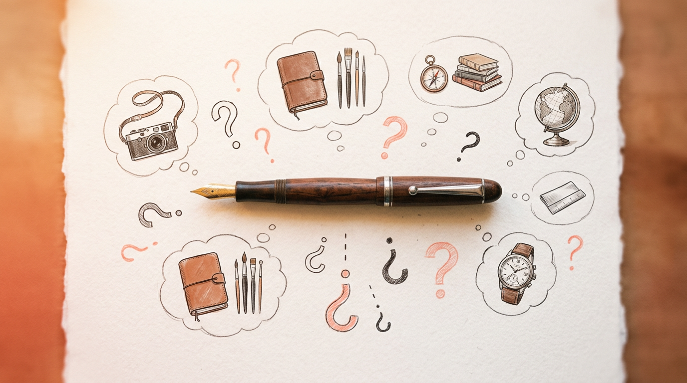 A fountain pen on a table, with thought bubbles showing it could be traded for more valuable items like a camera or a drone.