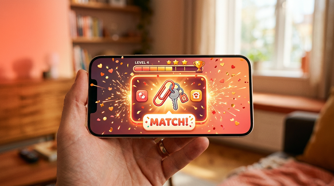 A smartphone interface showing a successful trade match between a red paperclip and a house key, symbolizing the goal of a gamified bartering app.