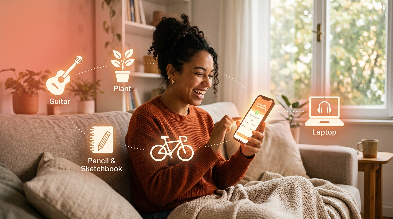A smiling person swiping on a trade-up app, surrounded by icons of items representing a successful trade chain.