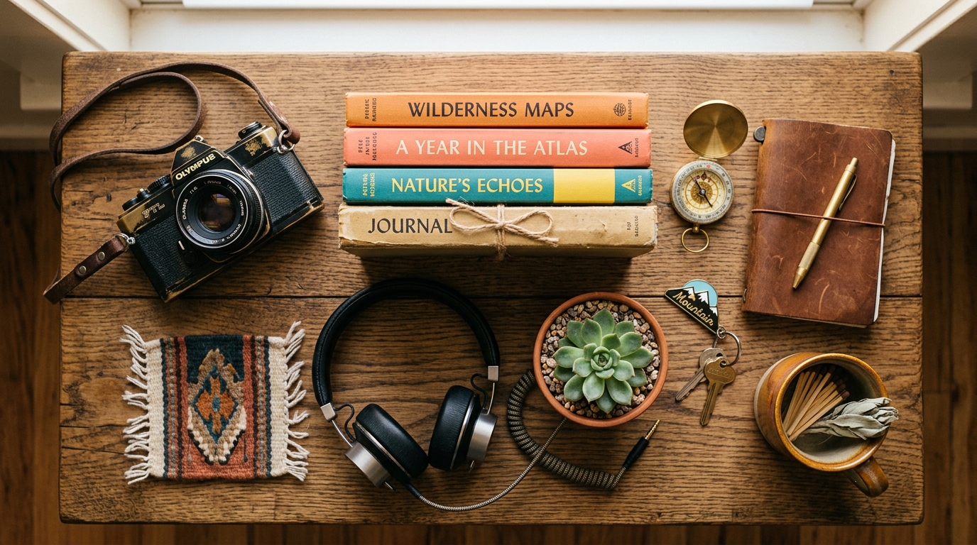 A collection of interesting items like a camera and books arranged on a table, representing potential starter items for the Flipuz trading game.