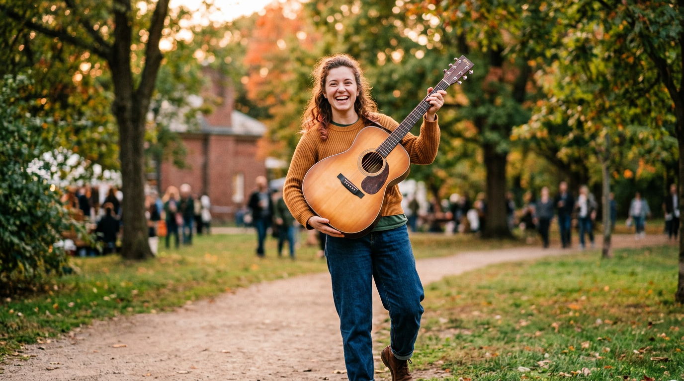 A happy person holding a guitar they just traded for, demonstrating a successful trade-up on the Flipuz app.