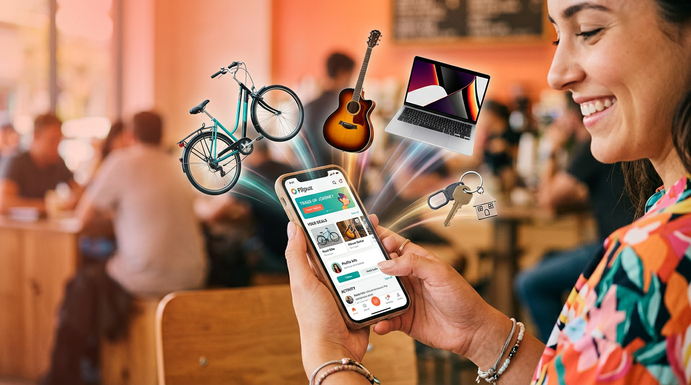 The Flipuz trading game app interface on a phone, with items like a bike and guitar coming out of the screen, symbolizing the trade-up journey.