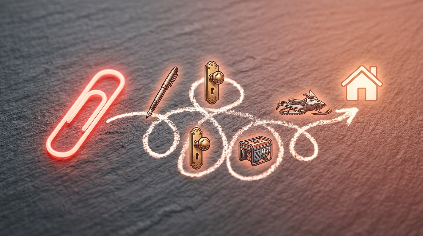 The trade up game progression, from a red paperclip to a house.