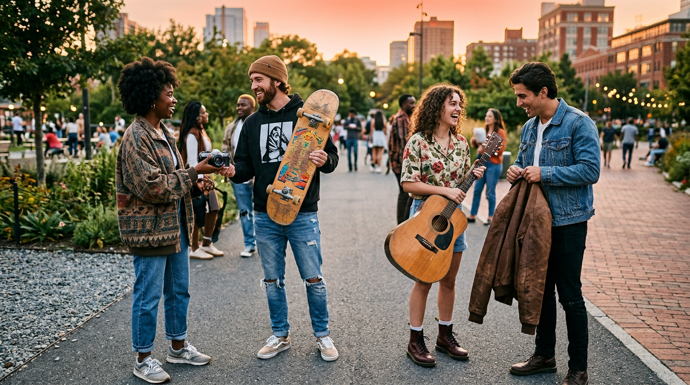 People playing an item swapping game outdoors by trading a camera for a skateboard.