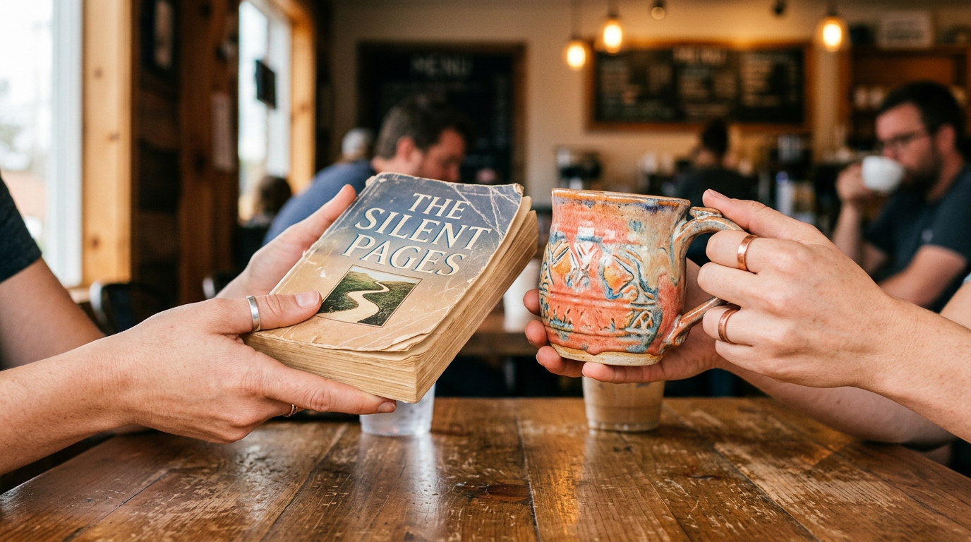 A close-up of two people bartering, exchanging a book for a ceramic mug.