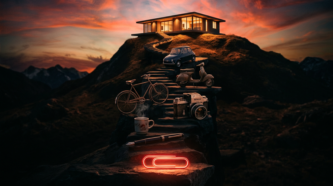 A visual representation of a trade-up challenge, starting with a red paperclip and ending with a house.