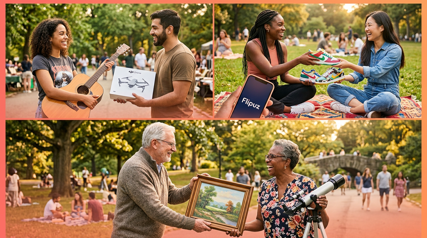A diverse group of people enjoying the bartering process and successfully trading items using the Flipuz app.