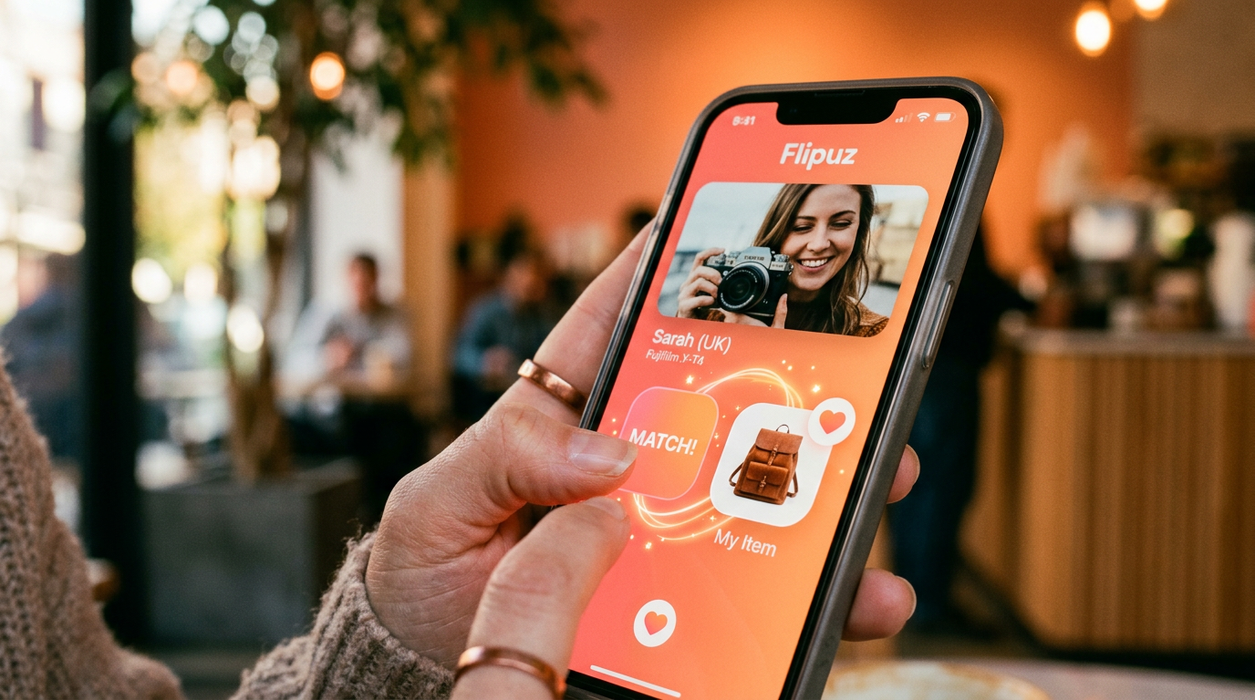 A user swiping on the Flipuz app, demonstrating the easy matching process for trading items.