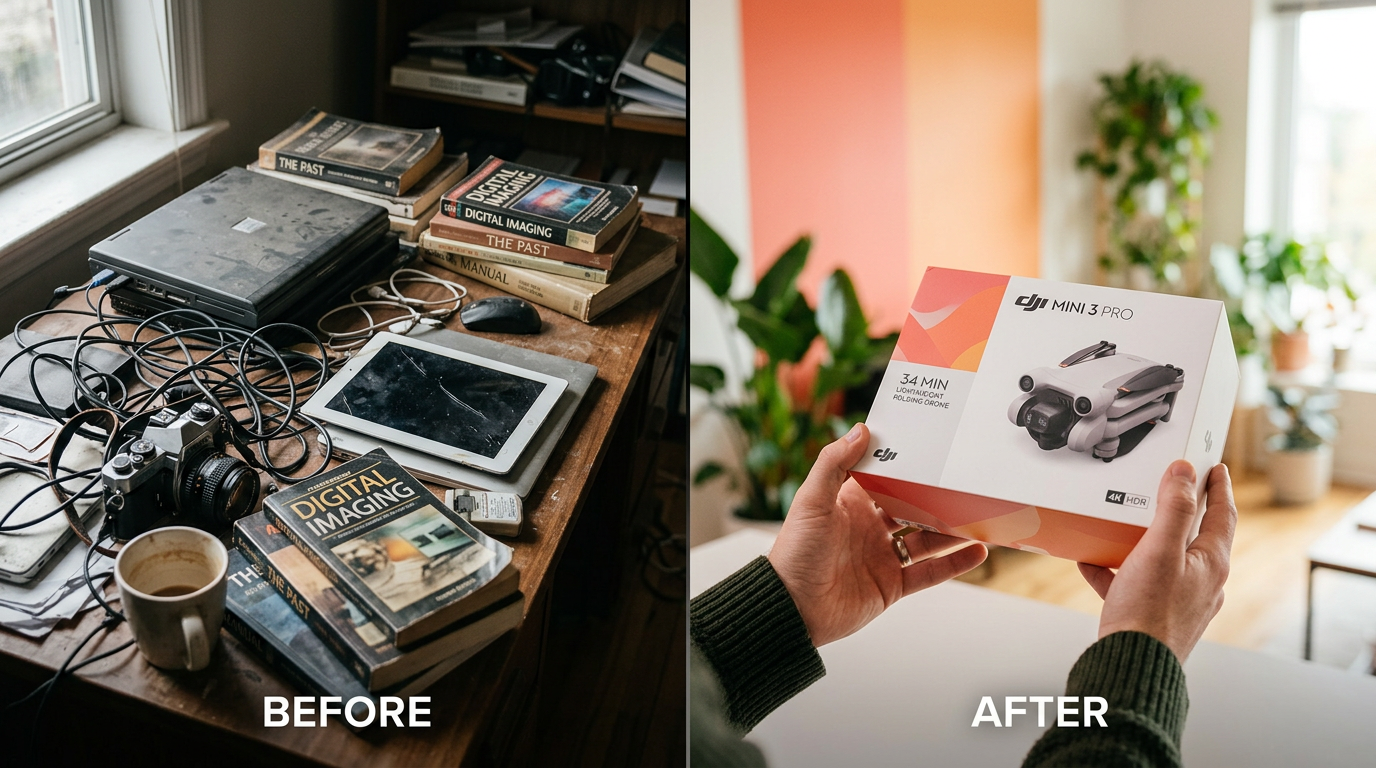 A before and after image showing clutter being traded up for a valuable drone, illustrating a successful trade.