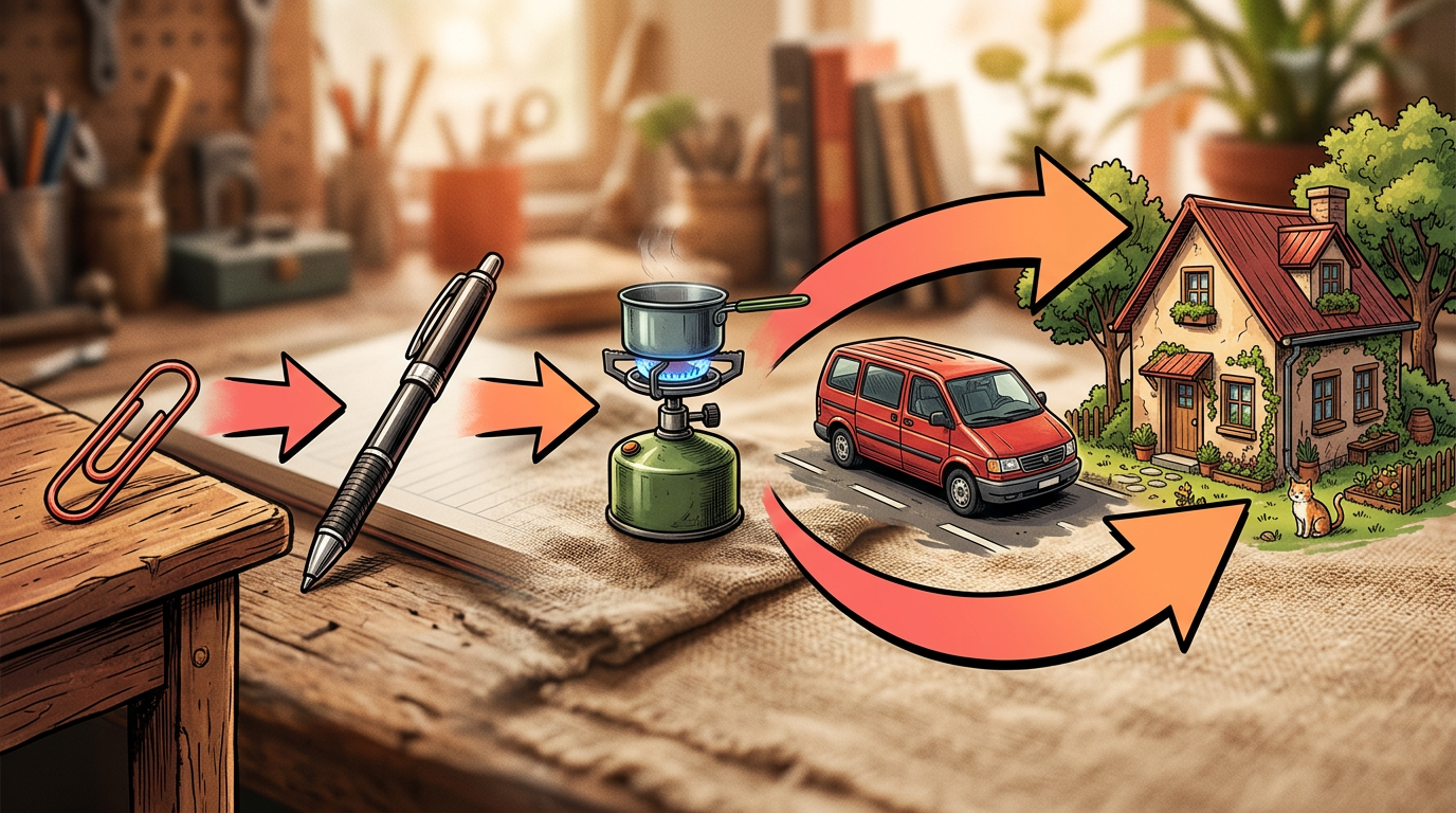 An illustration showing the trade-up progression from a red paperclip to a house.