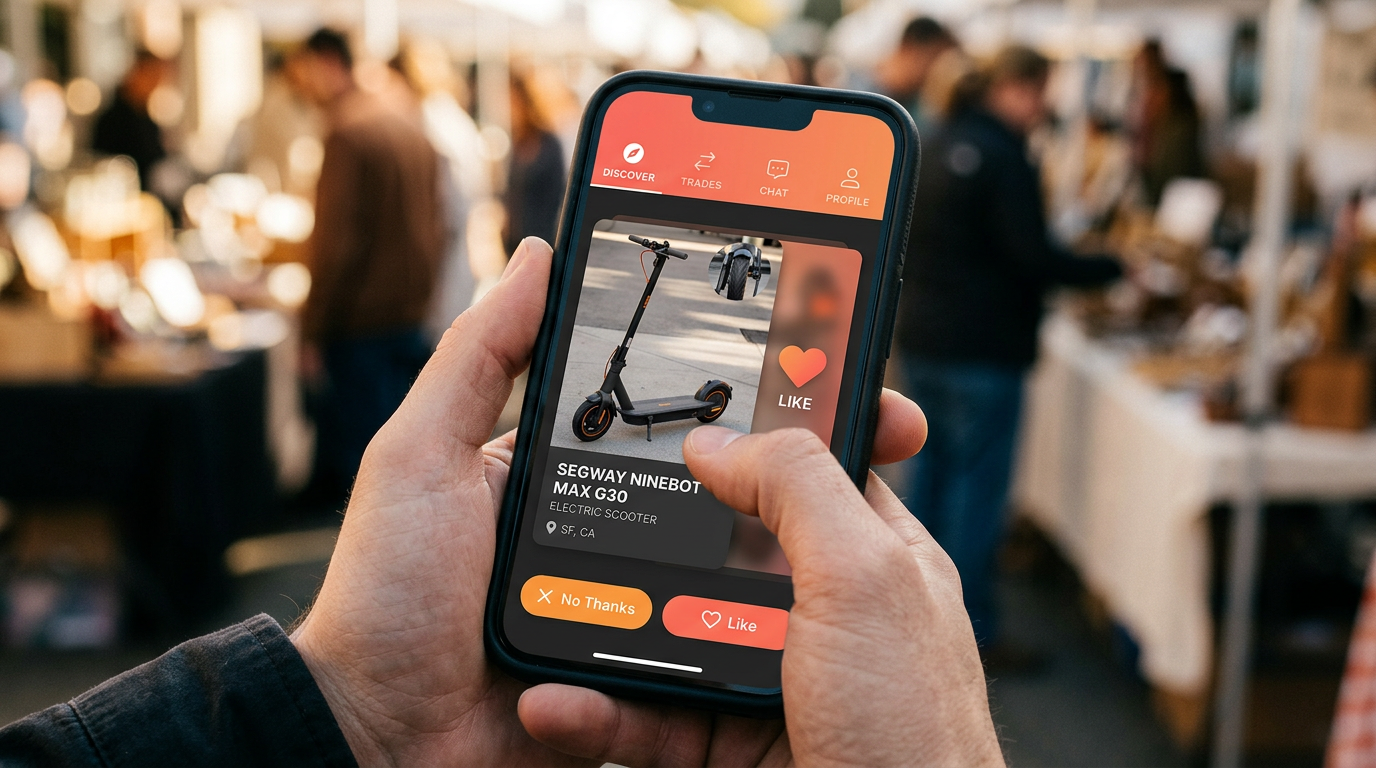 A person using the Flipuz barter app on their phone, swiping to match with an item.