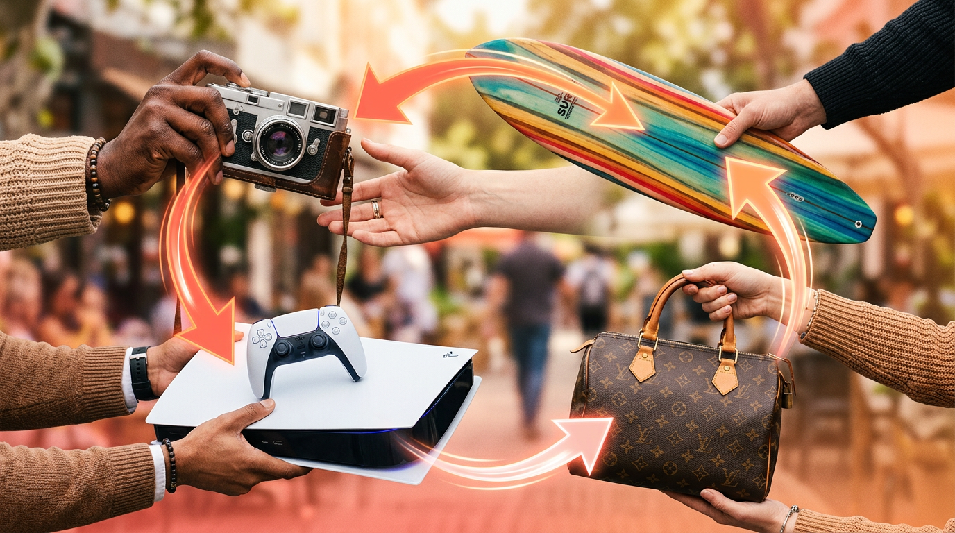 A collage of items being traded through a barter app, symbolizing the exchange of goods.