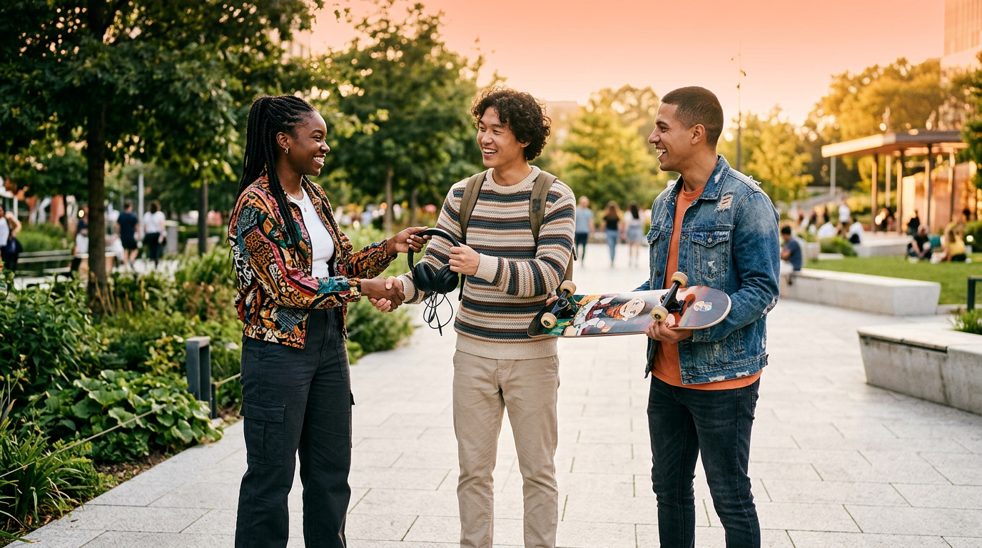 A group of happy Flipuz users meeting in a park to safely exchange their traded items.
