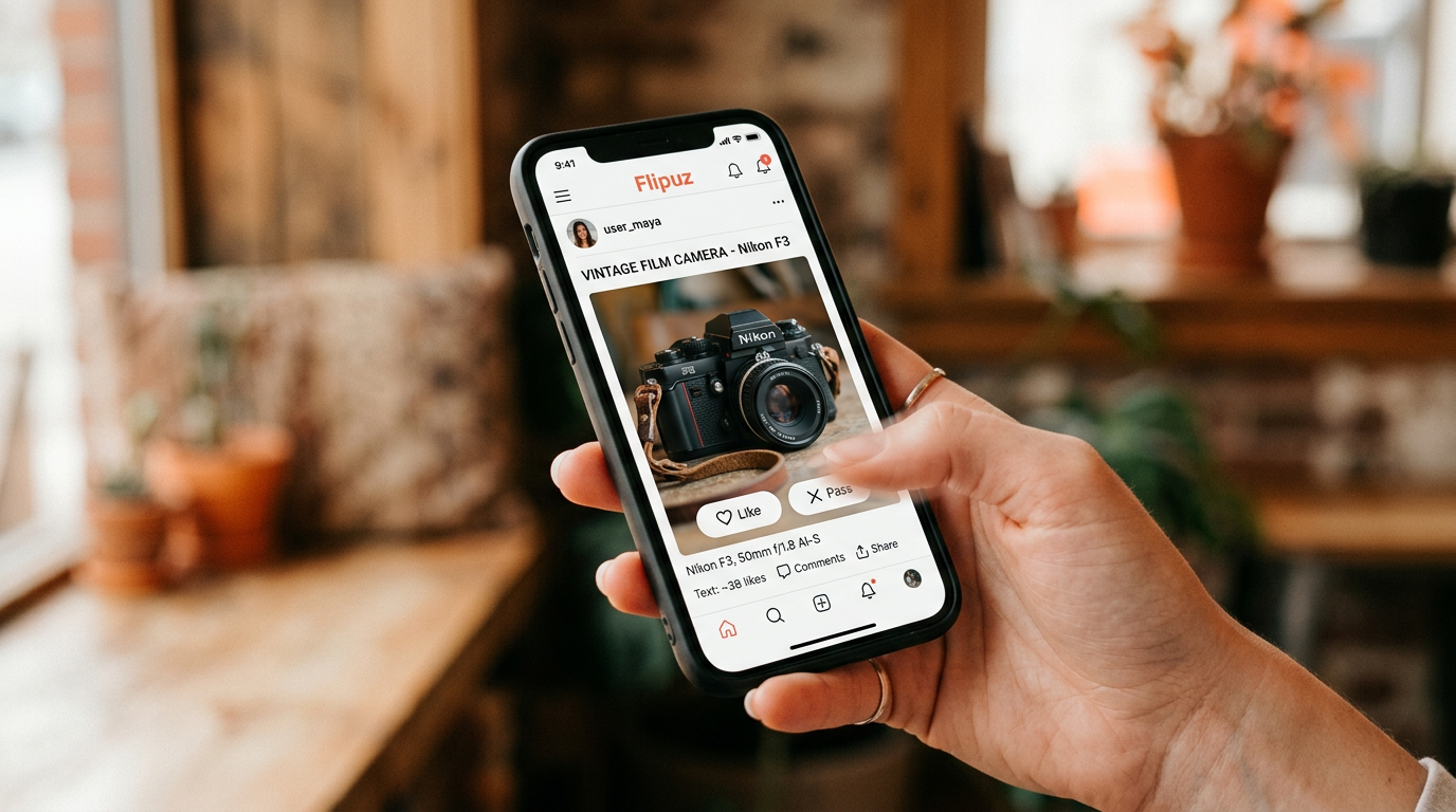 A user swiping right on a vintage camera within the Flipuz trade-up app.