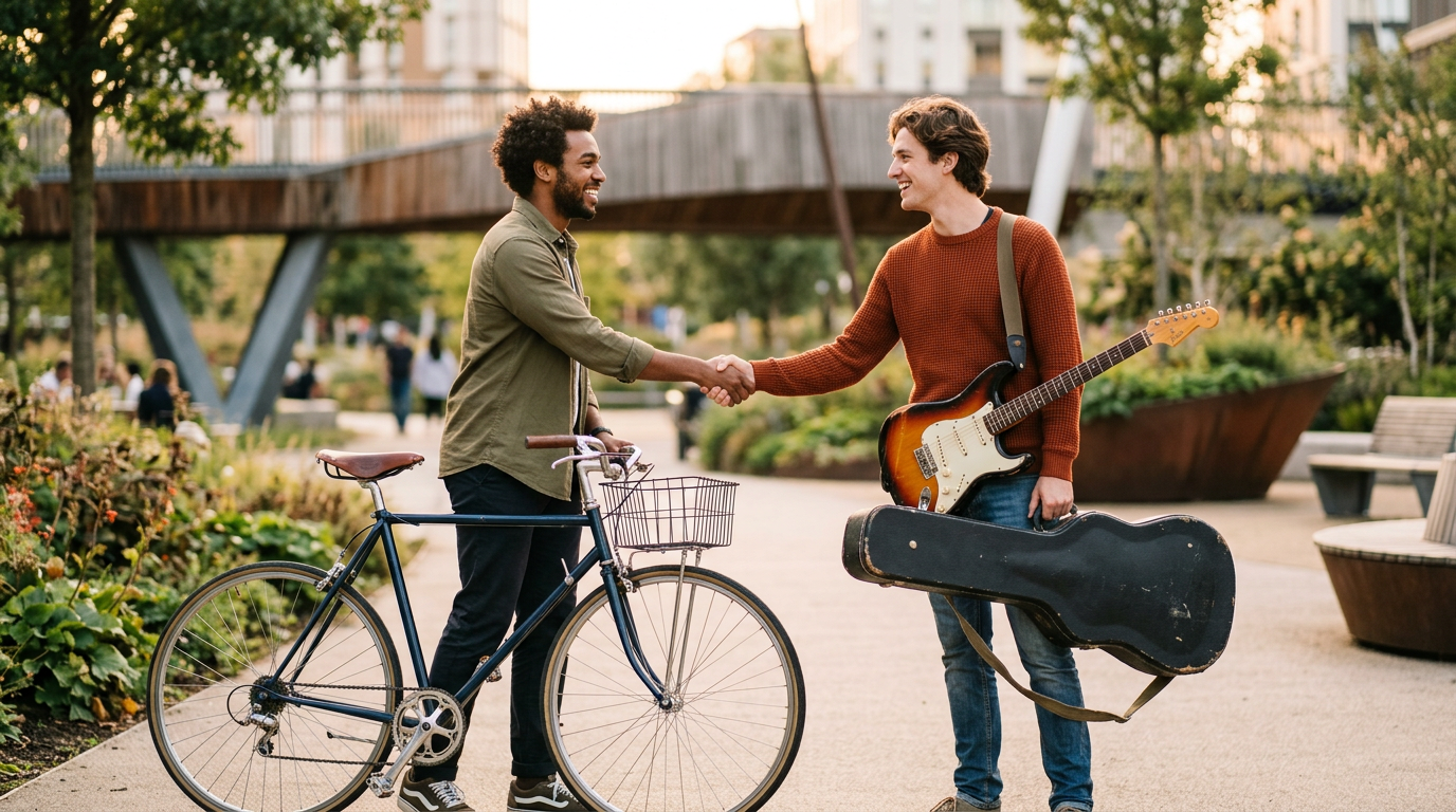 Two people shaking hands happily after swapping a bicycle for an electric guitar in a public park.